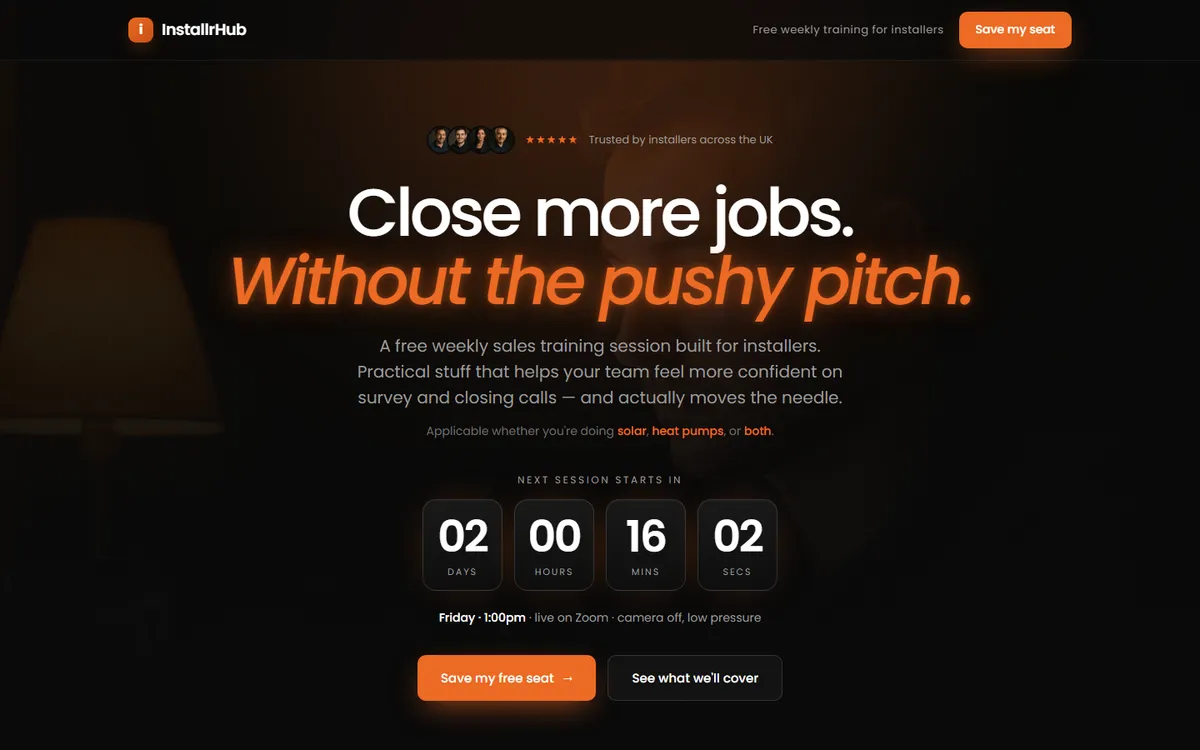Sales training webinar page