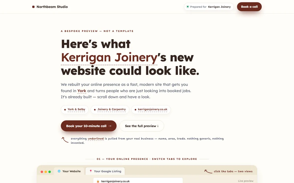 Personalised prospect page — Kerrigan Joinery