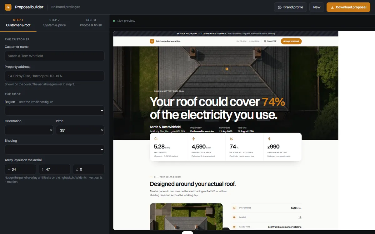 Solar proposal builder — eight fields and a live proposal preview