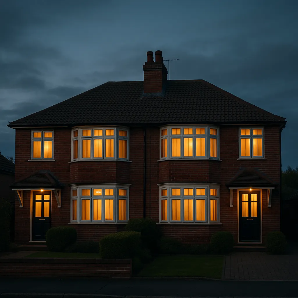 A Leeds semi-detached home lit up at dusk