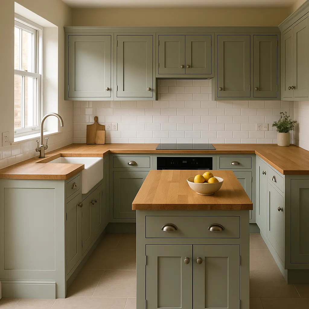 Fitted shaker kitchen with oak worktop